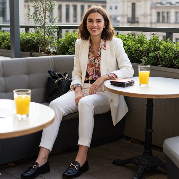 traje blanco con blusa estampada y mocasines