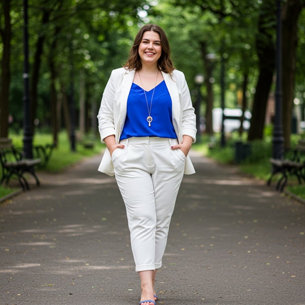 traje blanco con top vibrante y sandalias