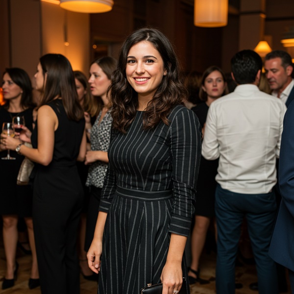 Look elegante con vestido de raya de gis