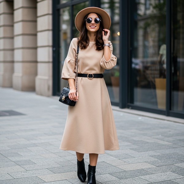 Tendencia demure con vestido midi en color neutro y accesorios sencillos