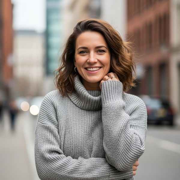 Suéter de cuello de tortuga bajo para evitar contacto con el maquillaje