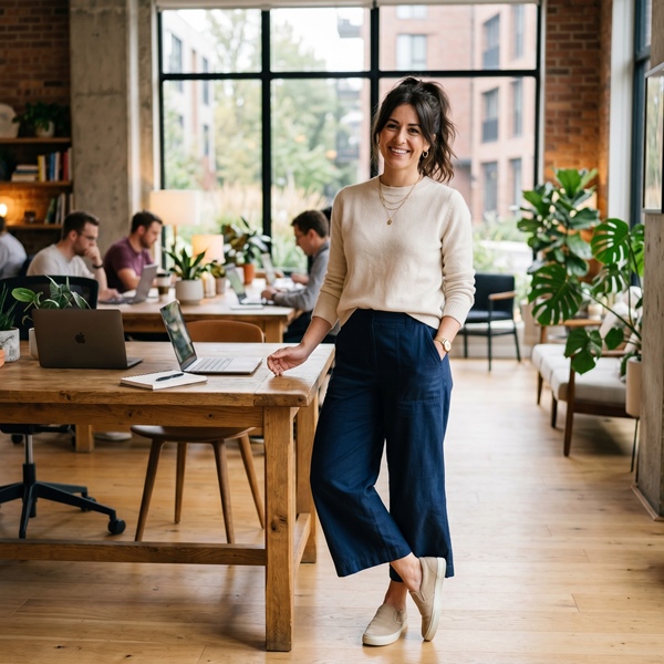 Pantalón culotte con suéter ligero y tenis slip-on para un outfit profesional