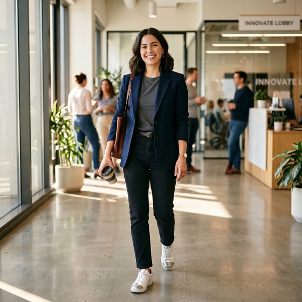Jeans oscuros con blazer y tenis elegantes para casual friday