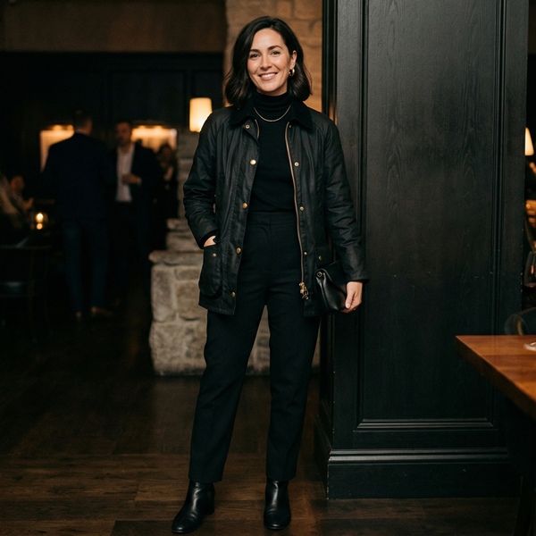 Look elegante con chaqueta Barbour negra y outfit monocromático
