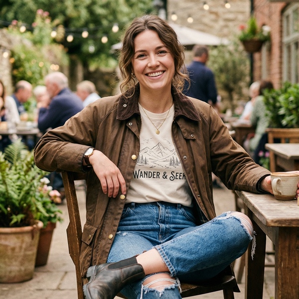 Look de fin de semana con chaqueta Barbour marrón y jeans relajados