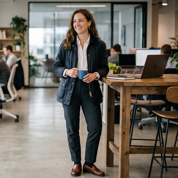 Look de oficina con chaqueta Barbour azul marino y estilo smart casual