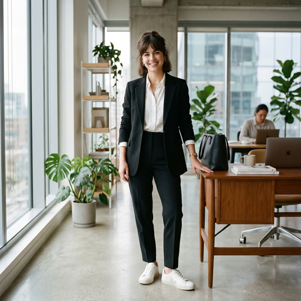 Look de oficina con blazer negro, camisa blanca y tenis blancos minimalistas