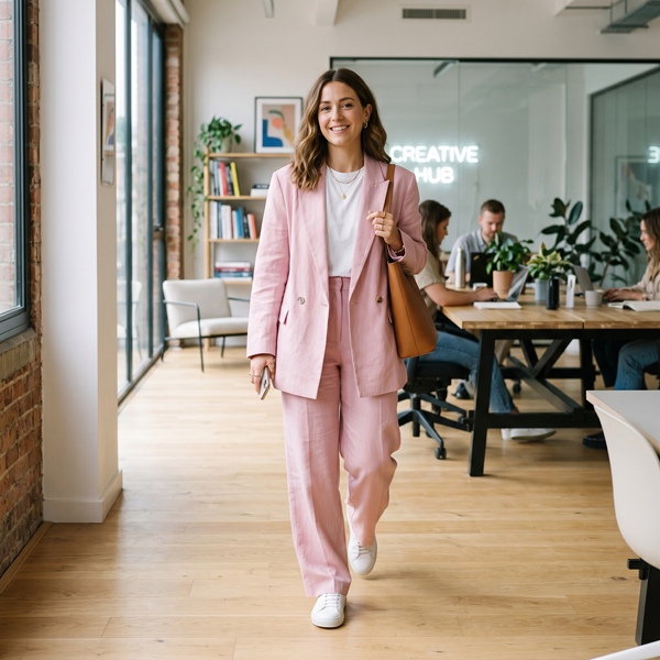 Traje sastre relajado combinado con tenis minimalistas para la oficina