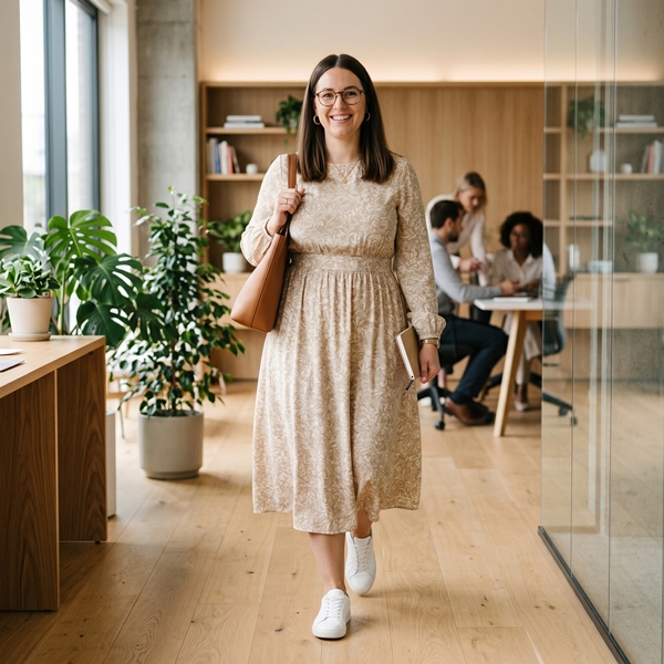 Vestido midi neutro combinado con tenis blancos para un look de oficina cómodo