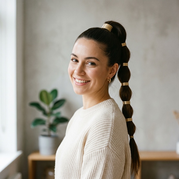 Coleta alta pulida con cuffs minimalistas