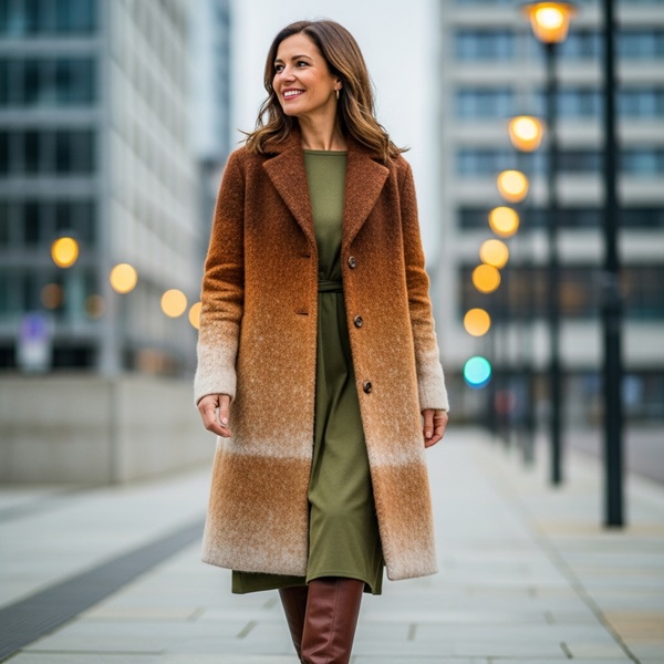 Abrigo de alpaca combinado con vestido midi para invierno