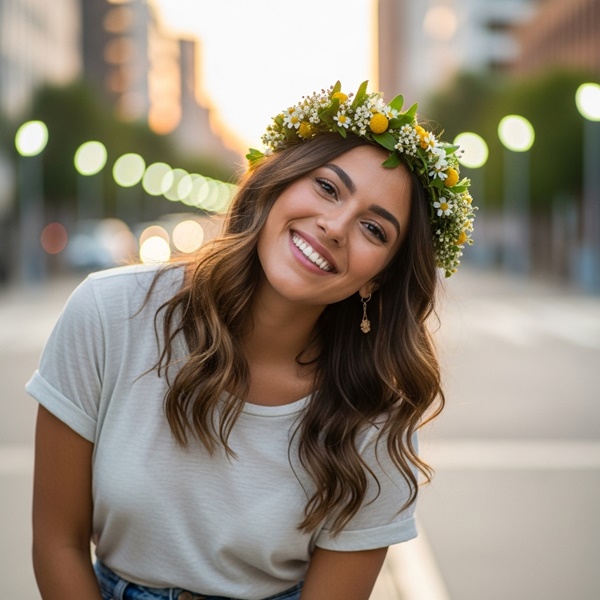tiara de flores, entre los accesorios de flores que deberías tener