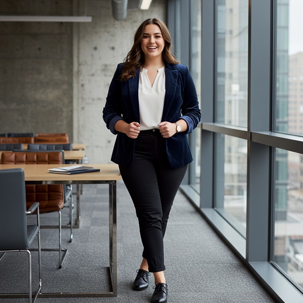 Outfit profesional con un blazer de terciopelo