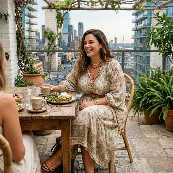 look boho chic brunch con vestido midi fluido en tonos neutros