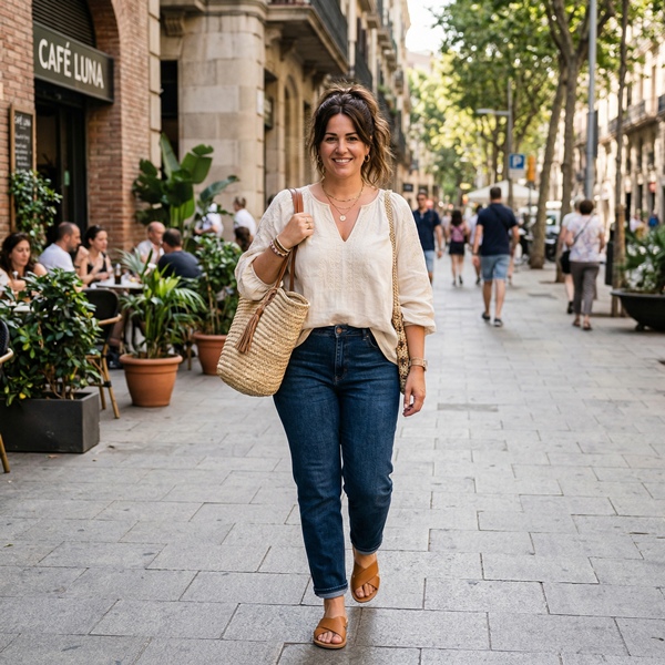 look boho chic casual con jeans rectos y blusa ligera