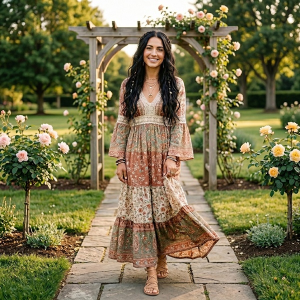 look boho chic invitada boda con vestido largo fluido en tonos suaves