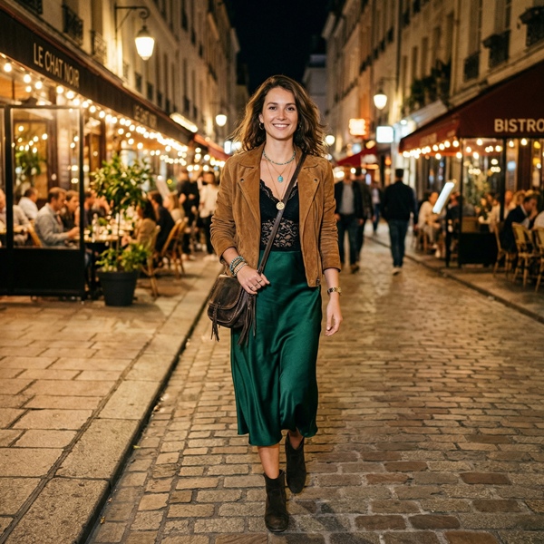 outfit boho chic noche con falda satinada y top de encaje