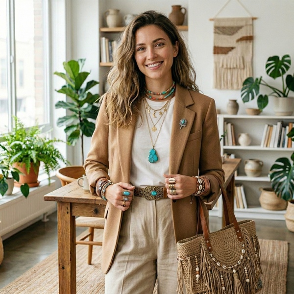 outfit boho chic oficina con pantalón de lino beige y blazer estructurado