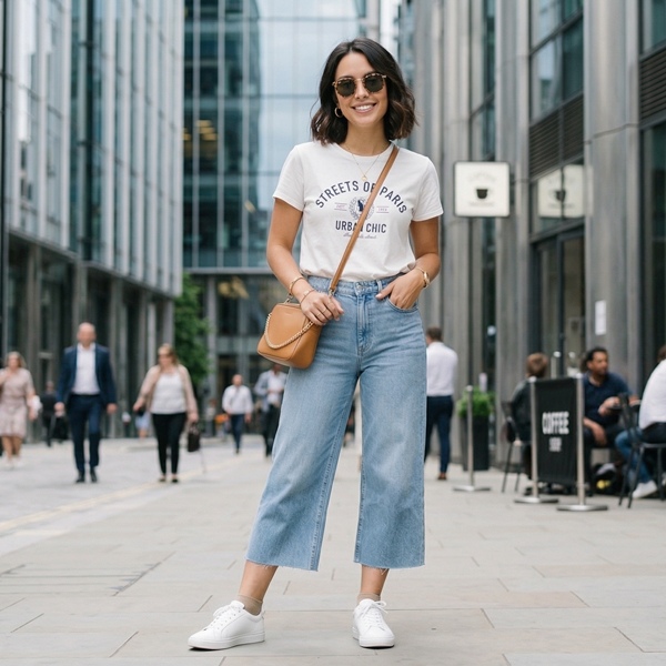 look casual con pantalones culotte de mezclilla y tenis blancos