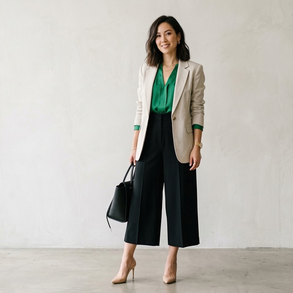 look de oficina con pantalones culotte negros y blazer