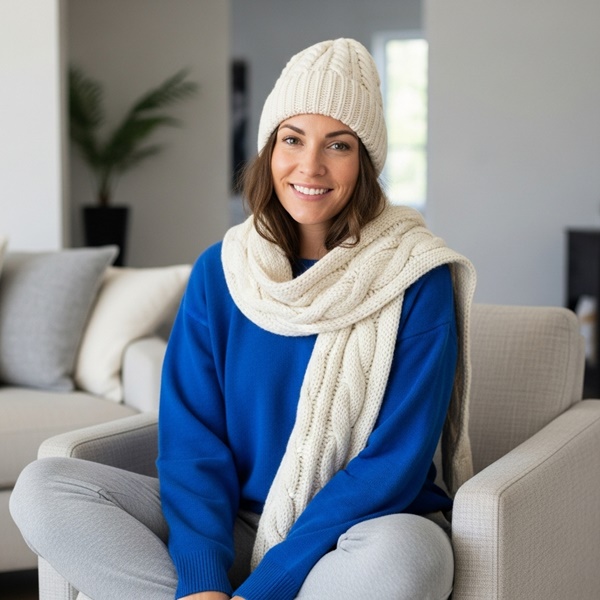 Look cómodo con bufanda tejida blanca y suéter oversize