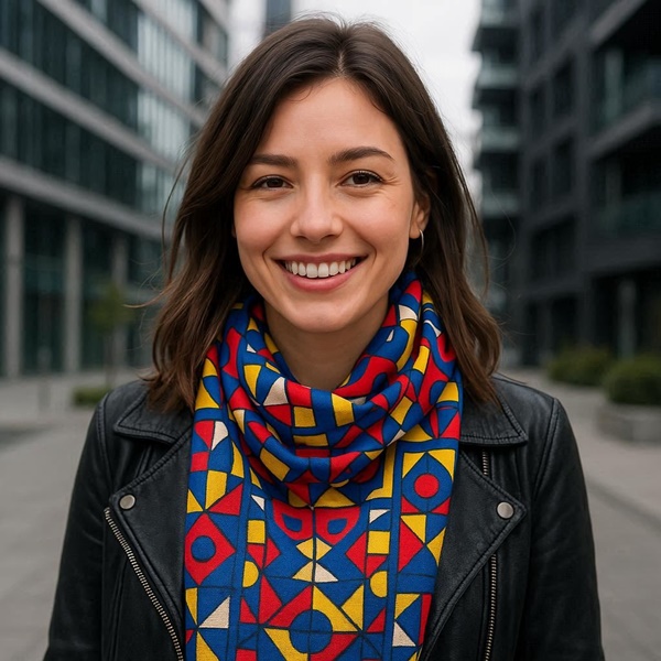 Look moderno con bufanda de seda estampada y abrigo negro largo