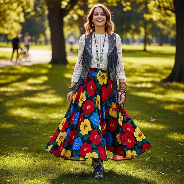 Look boho chic con falda larga y botas largas con estoperoles