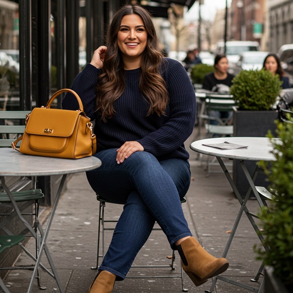 Para una salida causal viste de jeans y suéter azul marino