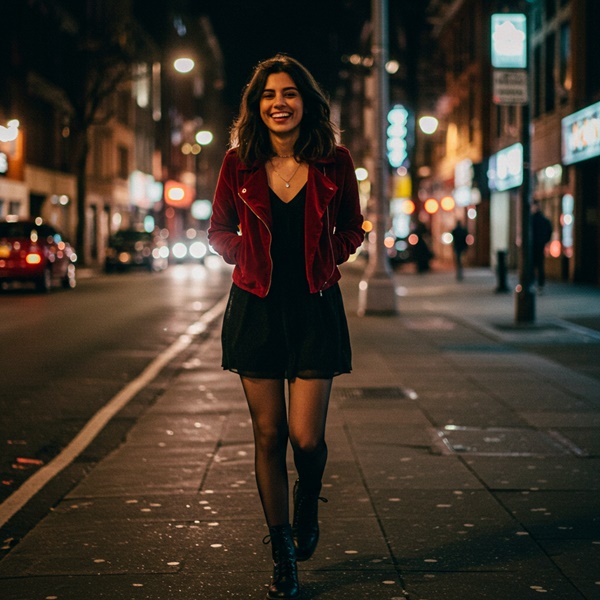 Combina un vestido básico negro con una chamarra roja de terciopelo