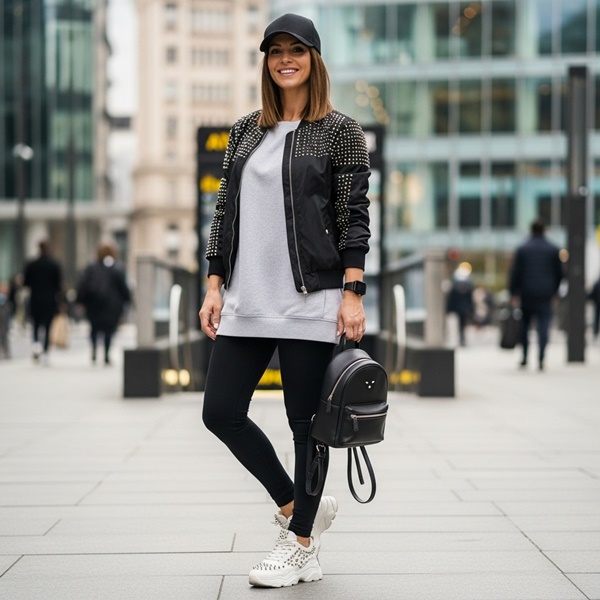 Look deportivo con chamarra de cuero y tenis con estoperoles