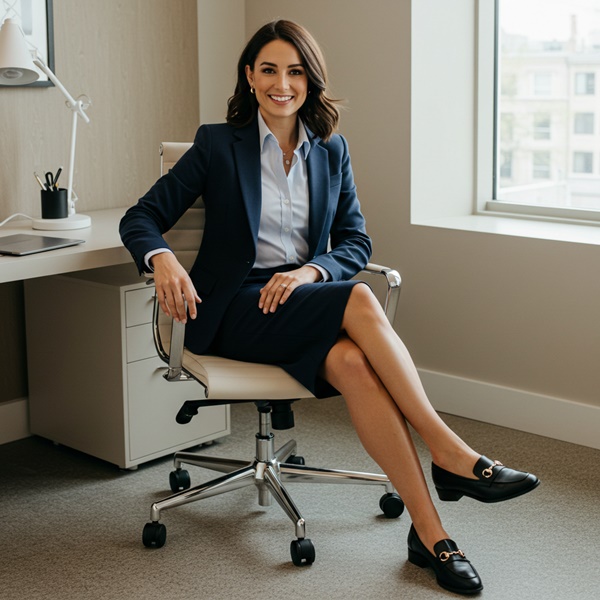 Outfit profesional en azul marino con falda lápiz y blazer