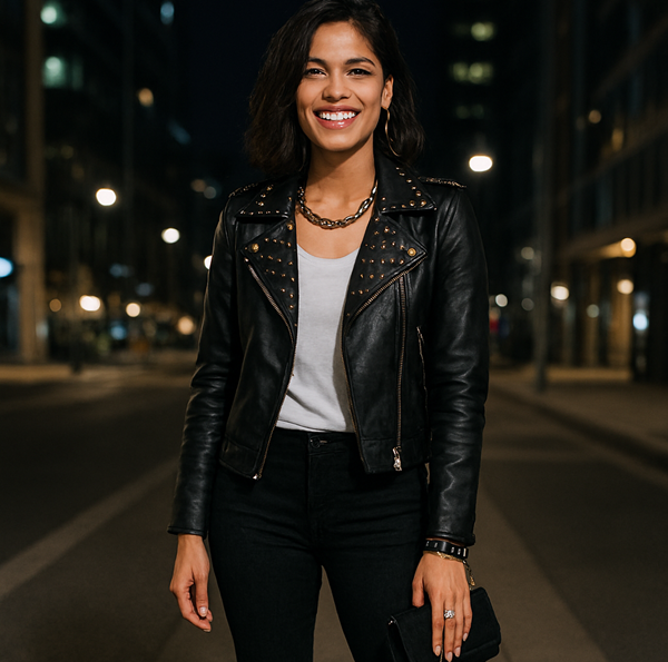 Look urbano con chamarra de cuero con estoperoles