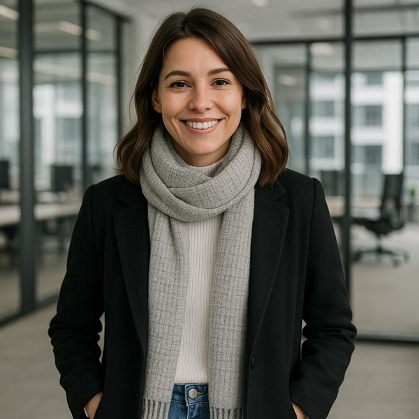 Look casual con bufanda de lana gris y abrigo negro
