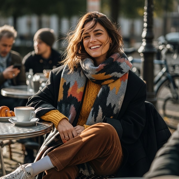 Look atrevido con bufanda multicolor y blazer oversize