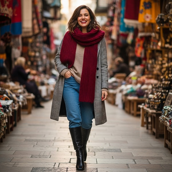 Look urbano con bufanda burdeos de punto grueso y abrigo de cuadros