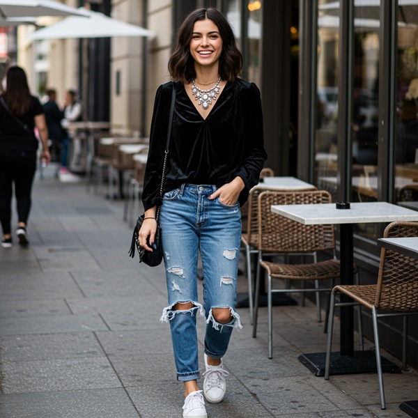 Combina un top de terciopelo con jeans