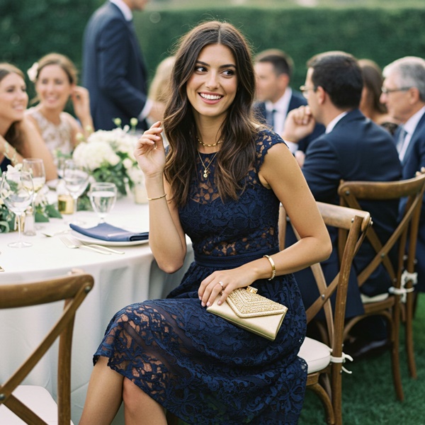 Invitada de boda con un vestido elegante color azul marino
