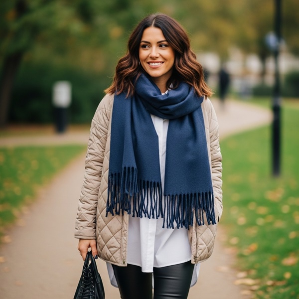 Outfit casual con bufanda azul marino y chaqueta acolchada