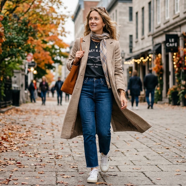 outfit con abrigo de tweed beige y jeans para entretiempo