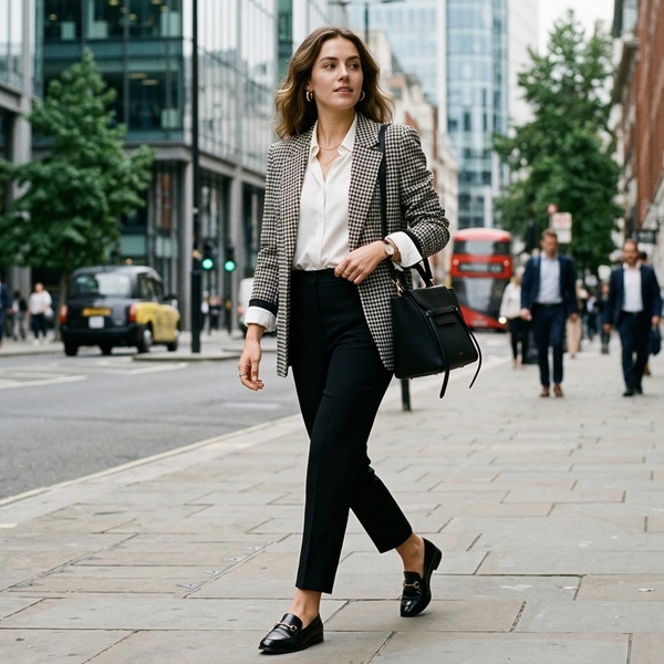 blazer de pata de gallo look elegante de oficina