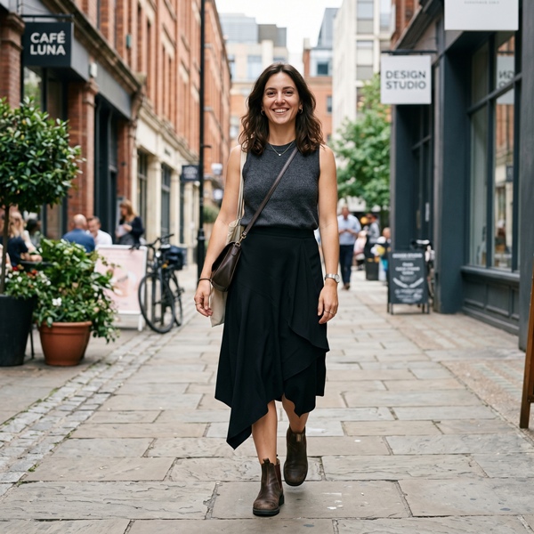 Mujer con falda asimétrica y botas en un look contemporáneo