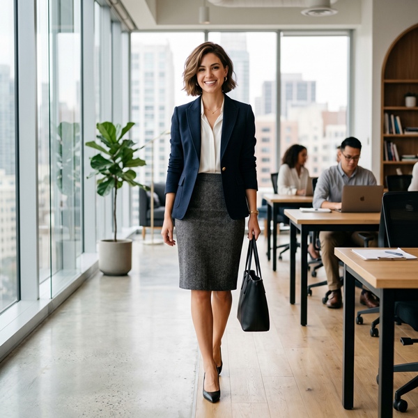 Mujer usando falda lápiz con blazer para un look formal