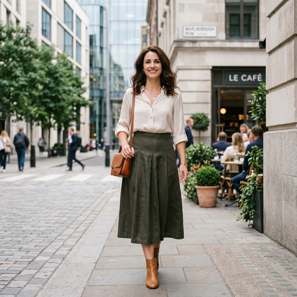 ujer usando falda midi con blusa ligera para un look casual