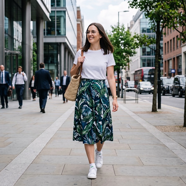 Look casual con falda midi de estampado botánico y tenis blancos