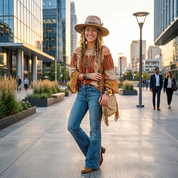 Look boho con jeans flare decorados y blusa off shoulder en tonos tierra