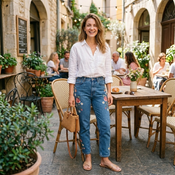 Look romántico con jeans bordados florales y camisa blanca oversized