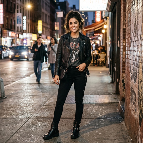 Outfit rock glam con jeans negros de estoperoles y chamarra de cuero