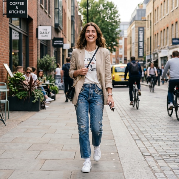 Mujer con jeans de pedrería, blazer neutro y tenis blancos en look urbano moderno