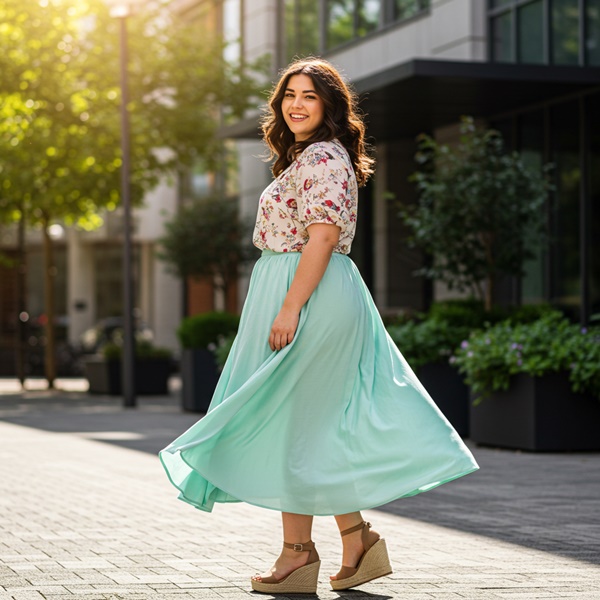 Falda larga color menta y blusa de estampado floral para un look bohemio