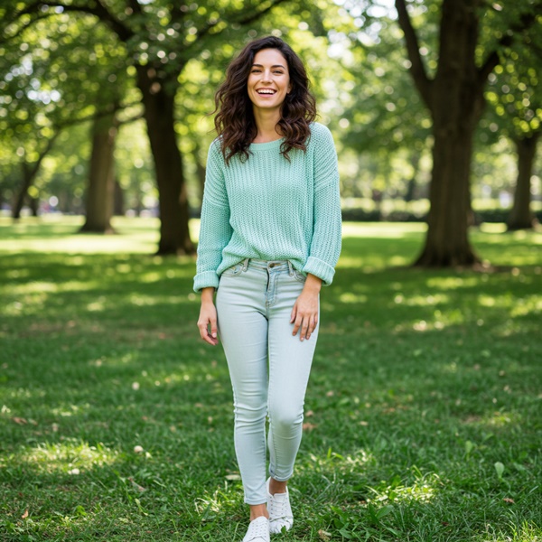 Suéter de color menta y jeans para un look casual 